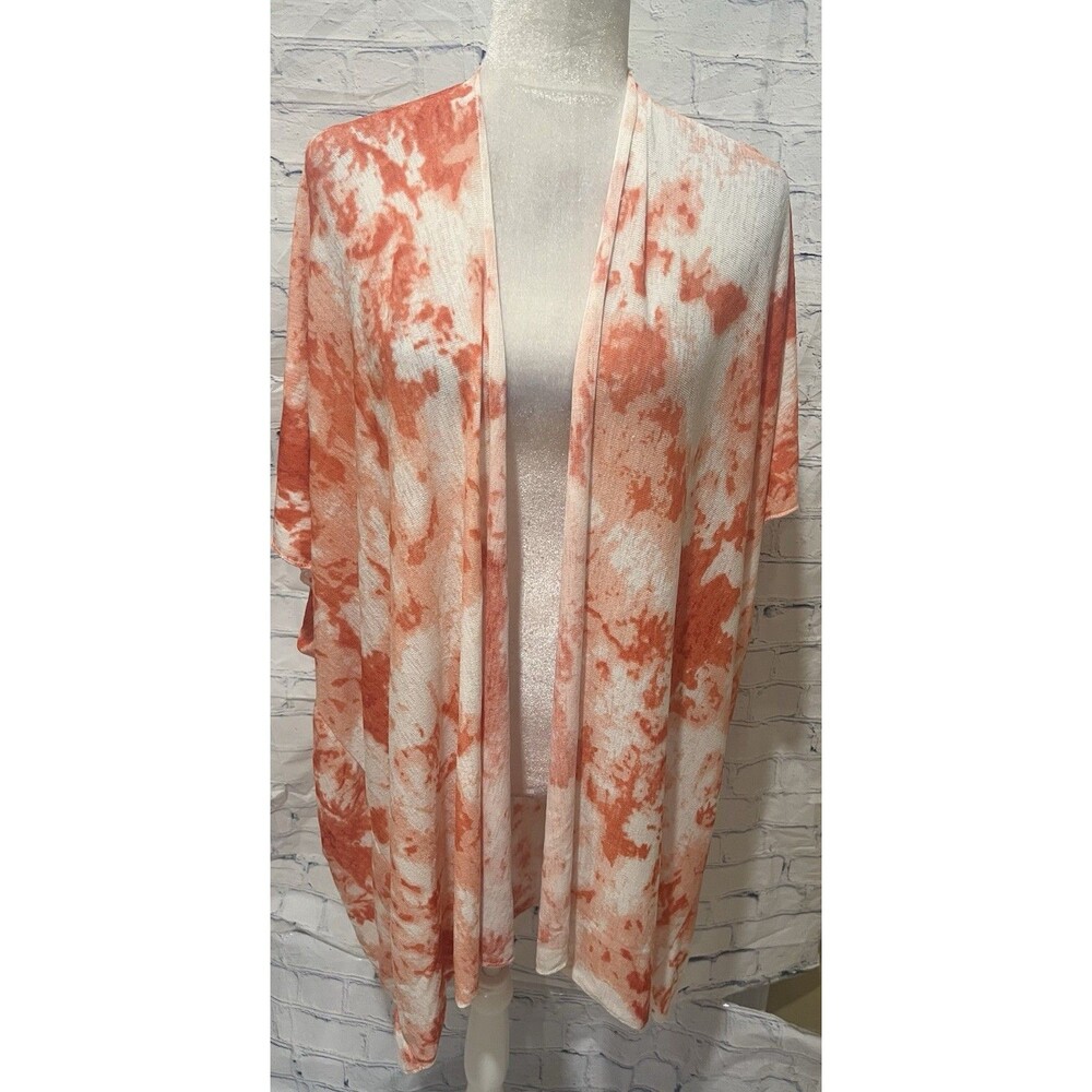 Janice Apparel Open Front Tie-dye Kimono Cardigan Sweater Wrap Orange White OS